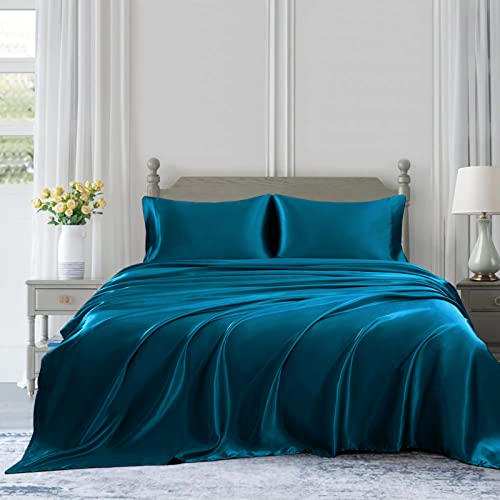 Homiest 3pcs Satin Sheets Set Luxury Silky Satin Bedding Set with Deep Pocket, 1 Fitted Sheet + 1 Flat Sheet + 1 Pillowcase (Twin Size, Dark Teal) - color: Dark Teal, size: Deep pocket - Twin size