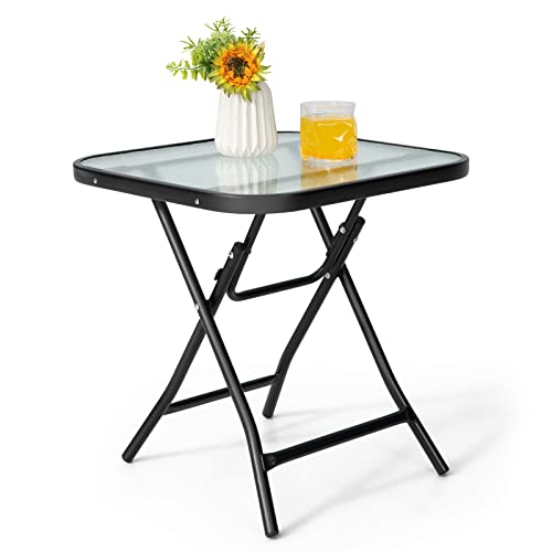 Giantex Folding Side Table, Square Small Patio Table, Tempered Glass Tabletop, Steel Frame, Weather-Resistant Outdoor Indoor Use for Bistro Porch Garden Balcony 18"x18"x18.5" - color: Semitransparent & Black, size: 18" x 18" x 18.5", style: Farmhouse