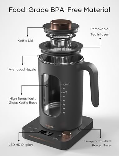 INTASTING Electric Tea Kettle, Electric Kettle with Tea Infuser, ±1℉ Knob Temperature Control, BPA-Free Glass, 1200W Fast Heating, Easy to Clean, 1 Liter (Dark Gray) - color: Dark Gray