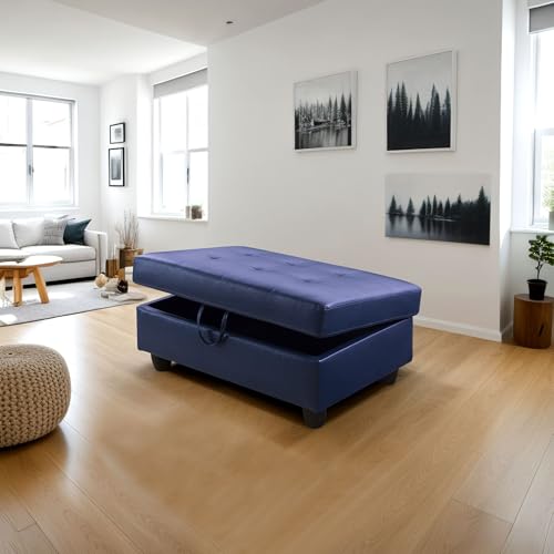 Ottoman, Faux Leather Storage Ottoman Bench, Modern 33.5" Large Square Entryway Bench Ottoman with Storage for Living Room/Apartment/Bedroom/Rv Car, Blue - color: Blue, size: 33.5 inch