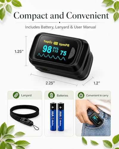 Healthtree JKS50B Pulse Oximeter Fingertip - Blood Oxygen monitor Fingertip with Perfusion Index, Fast 5-8s Reading, Large OLED Display, SpO2 & Heart Rate monitor for Home, Sports, Travel (Includes Batteries & Lanyard)