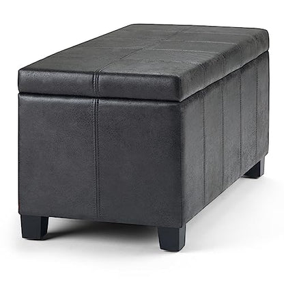 SIMPLIHOME Dover Storage Ottoman Bench - 36 inch Wide Upholstered Vegan Leather Rectangular Lift-Top Ottoman in Distressed Black, Contemporary Bench for Living Room with Safety Hinges - color: Distressed Black