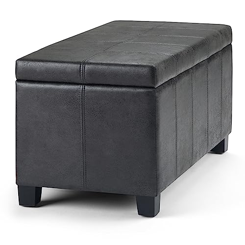 SIMPLIHOME Dover Storage Ottoman Bench - 36 inch Wide Upholstered Vegan Leather Rectangular Lift-Top Ottoman in Distressed Black, Contemporary Bench for Living Room with Safety Hinges - color: Distressed Black