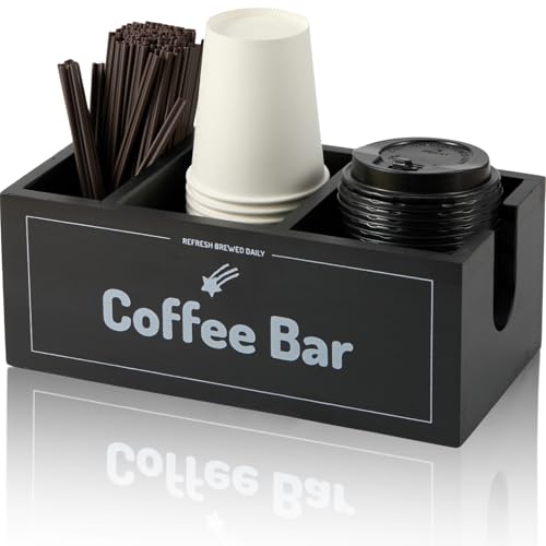 Coffee Station Organizer for Countertop - Wood Cup Holder & Condiment Caddy Multi-Compartment Tray for Pods, Cups Lids, Stirrers & Coffee Bar Accessories, Vintage Farmhouse Decor - Black - color: Black