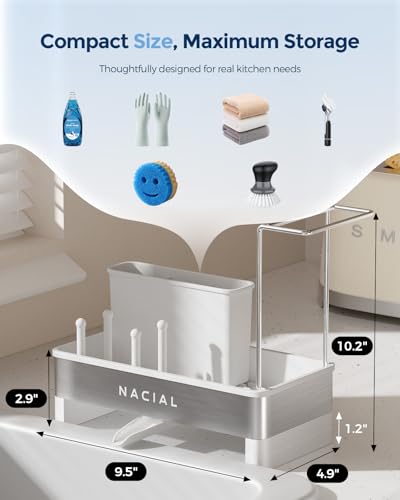 Nacial Sponge Holder for Kitchen Sink, Sink Caddy Organizer with High Brush Holder & Two Towel Racks - Rustproof 304 Stainless Steel Kitchen Countertop Storage Essentials - White - color: White