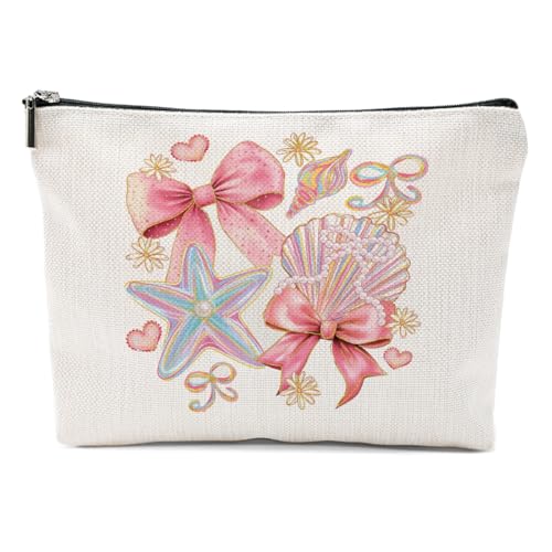 Cute Pink Bow Makeup Bag, Seashell Starfish Cosmetic Bags Portable Travel Toiletry Organizer Bag Makeup Pouch, Sister Birthday Christmas Pink Bow Lover Gifts for Women Mom Friend - color: Multicolor 0751