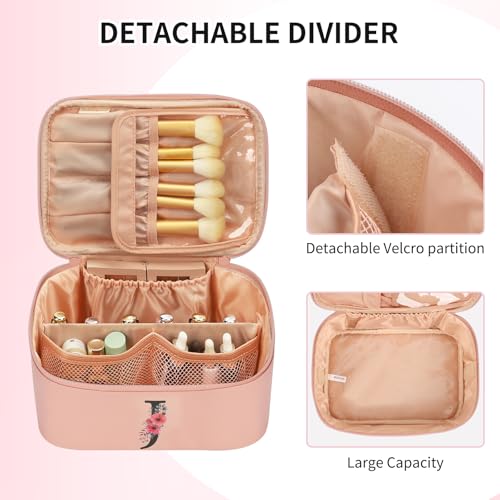 OCHEAL Initial Makeup Bag,Monogram Make up Bag Pink Travel Makeup Organizer Case Beauty Toiletry Cosmetic Bag with Brush Holder, Trendy Stuff Personalized Gifts for Women and Girls-J - color: Pink, style: J