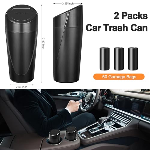 Car Trash Can, 2 Packs Mini Car Garbage Can Cup Holder with Lid | Leakproof Car Trash Bin with 60 Trash Bags, Vehicle Front Back Seat Organizers and Storage for Car, Home, Office, Black - color: Black