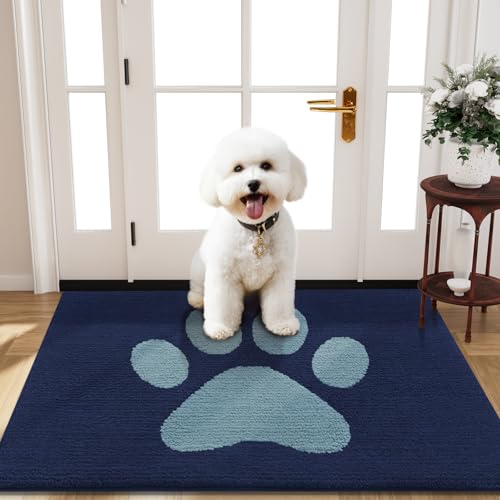 Buganda Dog Door Mat for Muddy Paws, Absorbent Dirt Trapper Non Slip Indoor Doormats, Washable Low-Profile Mat for Mud Dogs, Entryway Carpet for Inside Floor (40x32 Inches, Dark Blue) - color: Dark Blue, size: 40.0"l X 32.0"w X 0.6"th