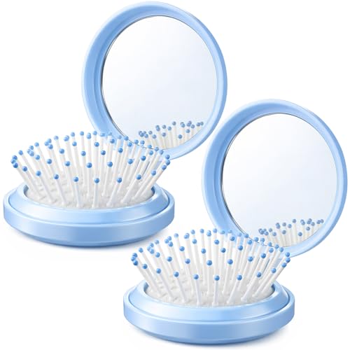Boao 2 Pack Foldable Travel Mirror Hair Brushes Round Portable Folding Pocket Hair Brush Mini Comb Compact Travel Size Massage Comb for Men Women (Blue,Round) - color: Blue, style: Round