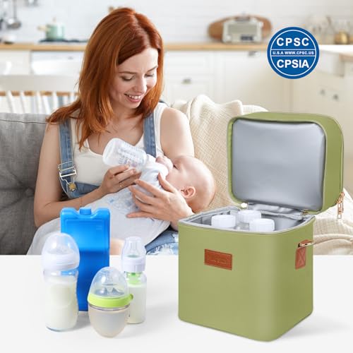 PIIOSER Breastmilk Cooler Bag with Ice Pack Fits 6 Baby Bottles Up to 9 Ounce, Insulated Baby Bottle Tote Bags, Double Layer Waterproof Leak-Proof with Shoulder Strap for Nursing & Working Mom (Green) - color: Green