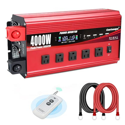 Cantonape 4000W Power Inverter 12V to 110V/120V DC to AC with LCD Display, Remote Controller 5 x AC Outlets and 4 x 3.1A USB Car Adapter for Car Truck Boat RV Solar System - size: 4000W-12V