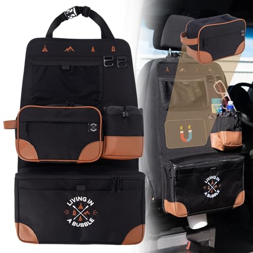 Living in a Bubble Seat back Organizer – Magnetic Toiletry and Cooler Pouch, Cordura Car Backseat Storage with Device Holder & Hooks, Multi-Compartment Utility Bag for Campervans & Family Travel - color: Black, size: Seatback Storage