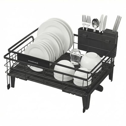 SONGMICS Dish Drying Rack, Kitchen Dish Rack with Drainboard, 360° Rotatable and Extendable Spout, with Cutlery Holder, (12.2-22) x 16.5 x 7.9 Inches, Ink Black UKCS552B01 - color: Ink Black, style: with Holder