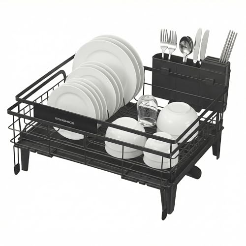 SONGMICS Dish Drying Rack, Kitchen Dish Rack with Drainboard, 360° Rotatable and Extendable Spout, with Cutlery Holder, (12.2-22) x 16.5 x 7.9 Inches, Ink Black UKCS552B01 - color: Ink Black, style: with Holder