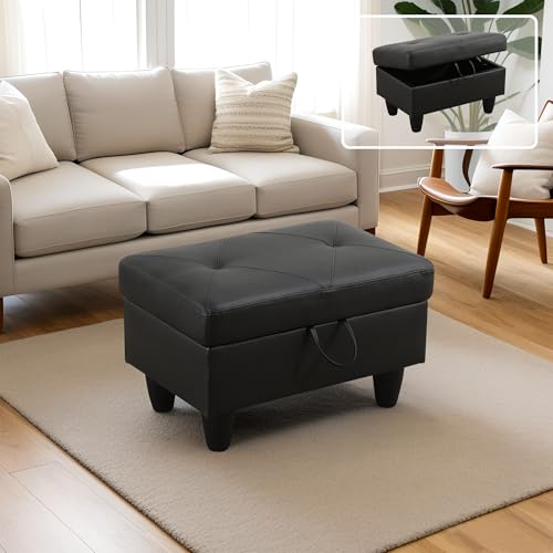 Ottoman, Faux Leather Storage Ottoman Bench, Modern 28.5" Large Square Entryway Bench Ottoman with Storage for Living Room/Apartment/Bedroom/Rv Car,Black - color: Black, size: 28.5 inch