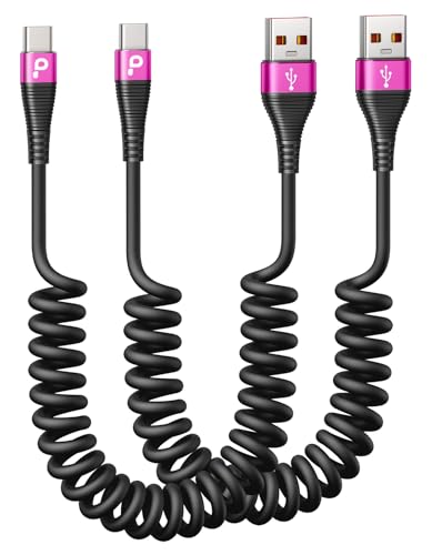 USB C Cable Fast Charging, 2Pack 5ft Coiled USB A to USB C Cable for Car, USB Type C Charger Cord Compatible with iPhone 17/16/15 Pro Max/Samsung Galaxy S20 S10 and More USB C Devices-Rose Red - color: Rose Red, size: 5FT, style: USB A to USB C