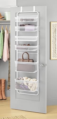 Whitmor Over The Door Organizer Storage, 6 Tier Hanging Door Organizer with Metal Frame & Mesh Baskets, Heavy Duty Behind Door Storage for Pantry, Bathroom, Closet, 17.7"W x 7.9"D x 67"H, White