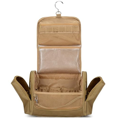 Tactical Toiletry Travel Bag for Men, Hanging Dopp Kit Hygiene Bag Shower Organizer with Hook for Toiletries and Shaving Care, Khaki (Empty Bag) - color: Khaki