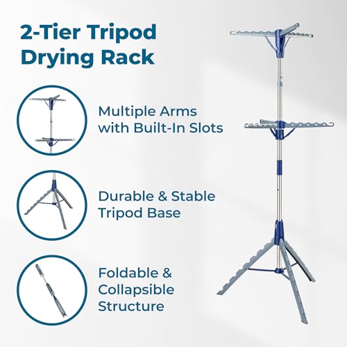 Honey-Can-Do 2-Tier 73-Inch Collapsible Tripod Drying Rack, Heavy Duty Chrome Steel Laundry Stand, Holds 30 Garments, Portable Foldable Indoor Outdoor Clothes Drying Rack - style: 2 Tier