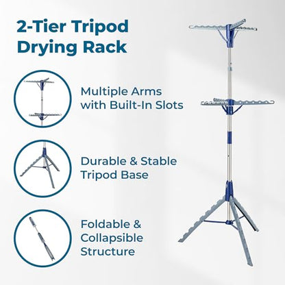 Honey-Can-Do 2-Tier 73-Inch Collapsible Tripod Drying Rack, Heavy Duty Chrome Steel Laundry Stand, Holds 30 Garments, Portable Foldable Indoor Outdoor Clothes Drying Rack - style: 2 Tier