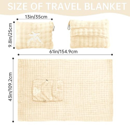 Travel Blanket and Pillow-2-in-1, Ultra-Soft&Compact, One-Piece Airplane Blanket with Hand Luggage Belt and Backpack Clip,Travelers Accessories Gifts, 61x43 Inches(White) - color: White