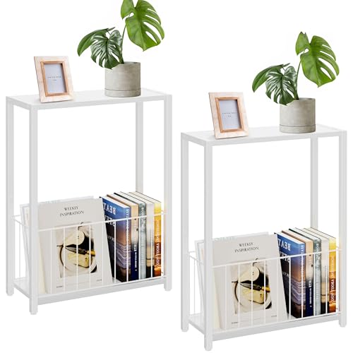 Homleke Narrow Side Tables Set of 2 with Magazine Holder, Skinny End Tables Perfect for Small Spaces, Space-Saving Design for Living Room, Bedroom, or Office, 7.1" D x 16.9" W x 23.6" H, White - color: White - Standard