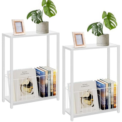 Homleke Narrow Side Tables Set of 2 with Magazine Holder, Skinny End Tables Perfect for Small Spaces, Space-Saving Design for Living Room, Bedroom, or Office, 7.1" D x 16.9" W x 23.6" H, White - color: White - Standard