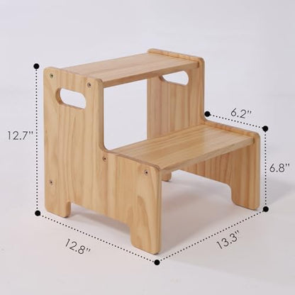 Wooden Step Stool,Two Step Stool for Kids,Toddler Montessori Stool Supports 300 lbs Kids Toddler Stepping Stool for Bathroom Sink/Toilet/Kitchen/Bed,Natural