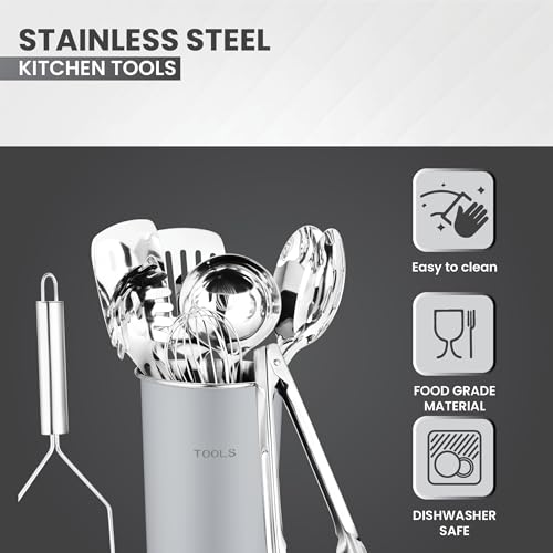 Avador® Premium Set of 10 Stainless Steel (GREY HOLDER) Kitchen Tool Set with Holder Easy To Clean, Space Saving, Great for Cooking, Baking, Prepping (GREY) - color: Gray