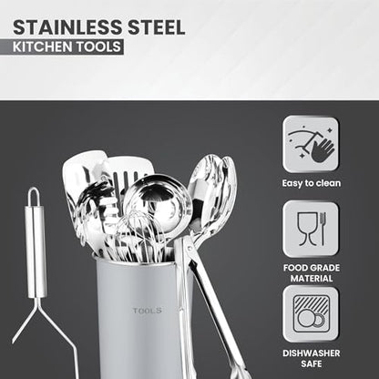 Avador® Premium Set of 10 Stainless Steel (GREY HOLDER) Kitchen Tool Set with Holder Easy To Clean, Space Saving, Great for Cooking, Baking, Prepping (GREY) - color: Gray