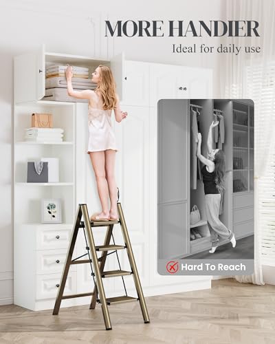 4 Step Ladder, Folding Step Stool with Wider Pedal, Anti-Slip Feet & Non Slip Stripes, Aluminum Sturdy Material, 300Lbs Capacity, Elegant Look of Champagne Gold Better Matches Your Home - color: Champagne Gold, size: 4 Step