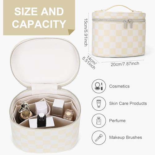 YFGBCX Checkered Makeup Bag Vanity Case with Divider Travel Toiletry Bag Women Cosmetic Bag Makeup Organizer Case - color: Checkered-Beige