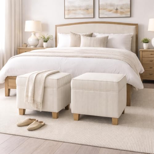HomePop 18" Classic Square Storage Ottoman - Marigold Pinstripe Cream - color: Marigold Pinstripe Cream Fabric