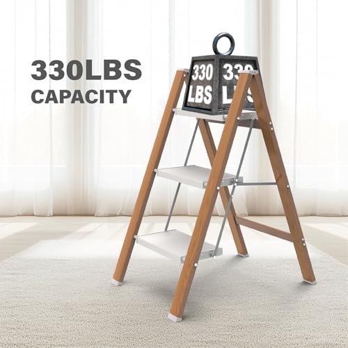 3 Step Ladder, Folding Aluminum Step Stool with Anti-Slip Wide Steps for Adults, Ideal for Kitchen, Closet, Bedroom, 330 lbs Capacity (Woodgrain) (Light Woodgrain, 3 Step) - color: Light Woodgrain