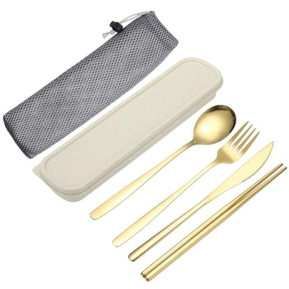 uxcell Travel Utensils with Case, Stainless Steel Portable Silverware, Gold - color: Gold