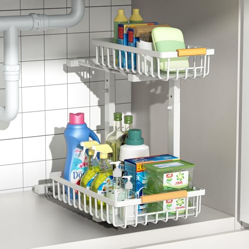 Merrylun Under Sink Organizers,5 Adjustable Height，Metal Pull Out Under Sink Organizers and Storage Shelves with Sliding Drawer, White 1pack（Hight 13.6″-16.9″） - color: White, size: 1 pack