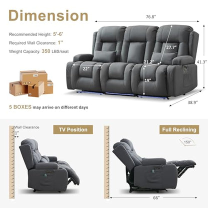 URRED Power Loveseat Recliner Sofa with Massage and Heat, Wall Hugger Reclining Loveseat with Console, RV Couch Home Theater Seating with LED Lights for Living Room (Blue Grey, 76.8" - 3 Seats) - color: Blue Grey, size: 76.8" - 3 Seats