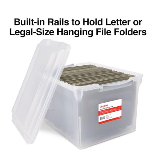 STAPLES Store & Slide Plastic File Box Latching, Letter/Legal Size, Clear, 4/Carton - color: Clear, size: 4 Pack, style: Box (Latch Lid)