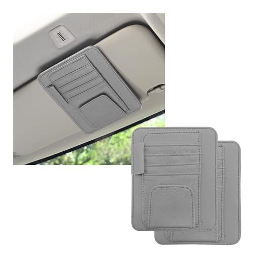 Dickno 2PCS Small Leather Car Sun Visor Organizer, Multifunctional Auto Visor Document Holder with Sunglasses Clip, Universal Car Interior Organizer for Drving License, Card, Pen (Gray) - color: Gray, 2PCS