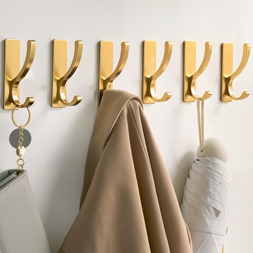 pickpiff Adhesive Wall Hooks for Towels - Sticky Hook Hanging Heavy Duty (13lb), Hanger for Door, Bathroom, Dorm, Closet - for Coats, Purse, Bag, Robe - No Damage to Wall - Gold 6 Pack - color: Gold, size: 6 Pack