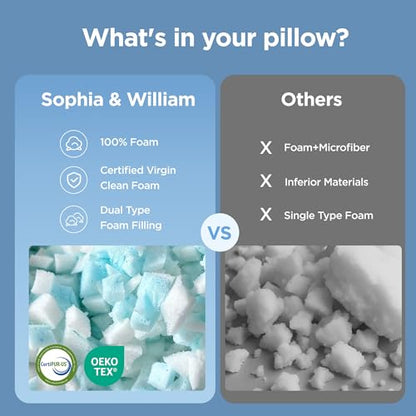 Sophia & William Cooling Bed Pillow for Sleeping (Standard Size) Adjustable Shredded Memory Foam Pillow for Side, Back and Stomach Sleepers - size: Standard