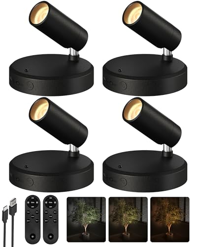 EZVALO Spotlights Indoor with Remote, 5500mAh Rechargeable Picture Lights, Wireless LED Uplighting with Timer & Dimmable, 3-CCT, Mini Plant Spot Lights for Painting, Artwork (4-Pack-Black) - color: Black