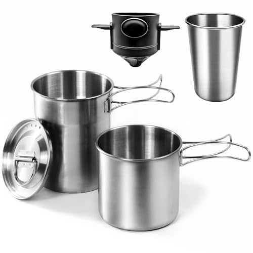 KOKKOYA Foldable Camping Cups Mugs Camping Pot Cookware 304-Food-Grade Outdoor Camp Cooking Set with Vented lid,Stainless Steel Backpacking Cookware for Hunting - color: silvery-black