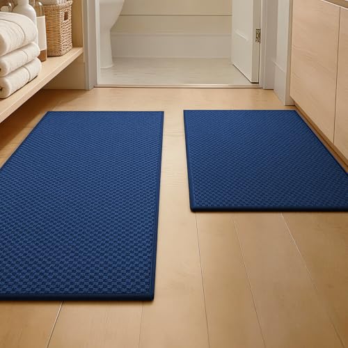 YIHOUSE Bathroom Rugs Sets 2 Piece Non Slip Washable, Absorbent Quick Dry Bath Mat Set, Weave Texture Low Profile Bath Rugs, Floor Mats for Bathroom, Tub & Shower (17"x24" + 17"x32", Dark Blue) - color: Dark Blue, size: 2 Pieces (17"x24" + 17"x32")