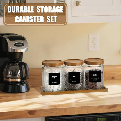 3 Pack 24 oz Glass Coffee Container with Wooden Tray Lid Spoon Labels Clear Airtight Glass Jar Food Storage Kitchen Canisters Set Decorative Coffee Bar Containers for Sugar Candy Tea Flour - size: 24 oz