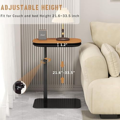 C Shaped Side Table,Adjustable Height C Shaped End Table,360°Swivel Couch Tables that Slide Under,Double Tabletop Under Couch Table for Living Room,Bedroom,Small Spaces