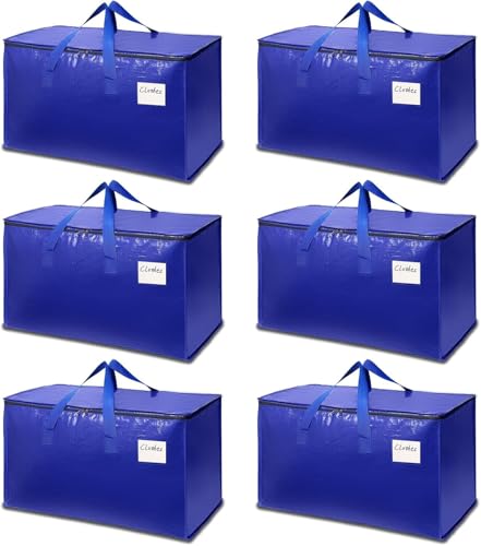 6-Pack Extra-Large Heavy-Duty Moving bags with Reinforced Handles, Durable Zippers & Waterproof Material — Perfect for Space-Saving, Storage, Shipping and Travel (Blue) - color: Blue, size: 6P