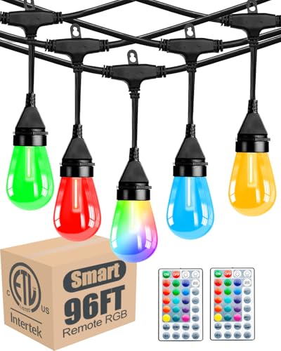 Lightdot 96FT Outdoor RGB String Lights, Dimmable Color Changing Waterproof LED Patio Lights with Remote Control,Commercial Grade Hanging Light for Patio Cafe Bistro Backyard- ETL Listed - size: 96 ft
