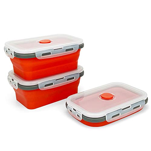 CARTINTS Set of 3 Collapsible Food Storage Containers with Lids, Collapsible Silicone Bowls, Silicone Lunch Containers, For Meal Prep, Camping, Travel, Microwave and Freezer Safe,500ml,Red - color: red